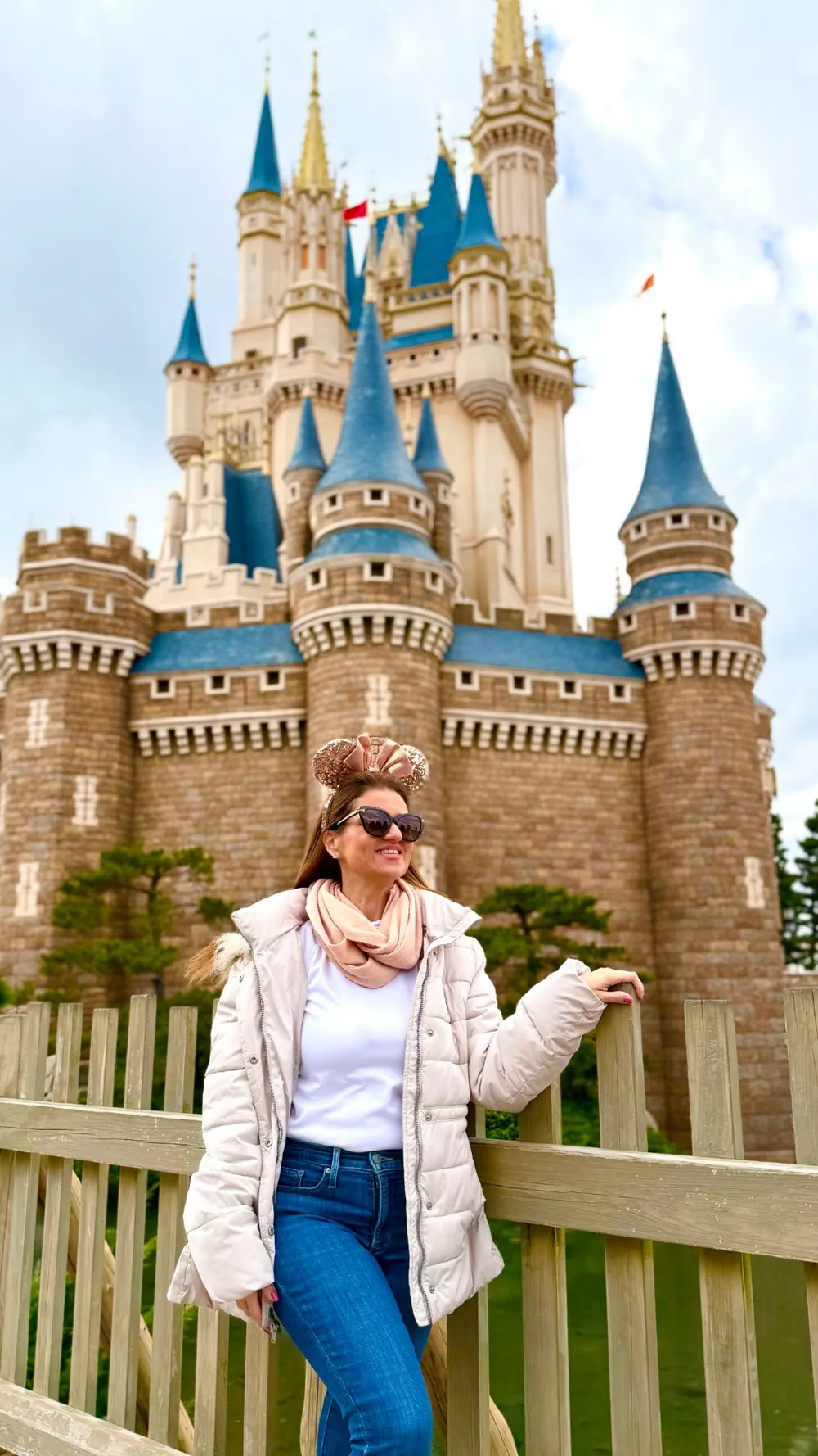 Viajante em frente ao castelo de um parque da Disney